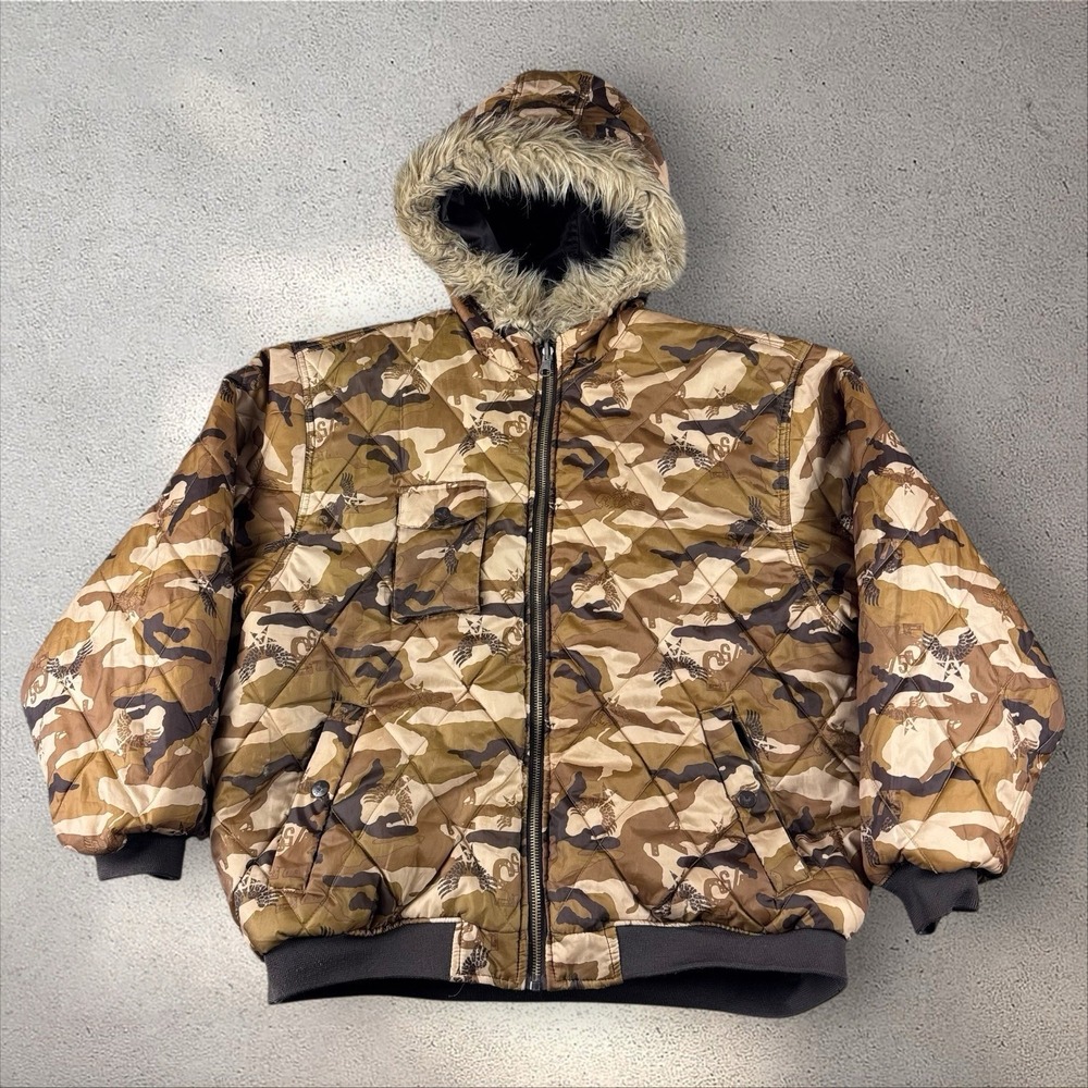 AVIREX Mens Reversible Puffer Jacket Camo/Brown Men's XL Vintage‎ Y2K Coat